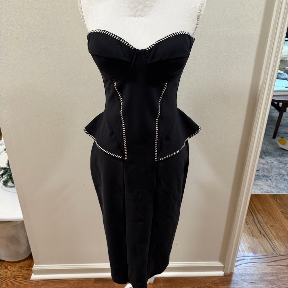 Strapless Black Peplum Midi Dress with Contrast Trim